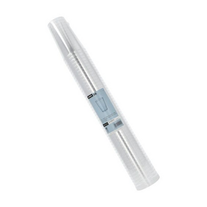 Een stapel doorzichtige Starpak-plasticbekers, verpakt in een transparante verpakking met een blauw etiket waarop 50 bekers staan aangegeven.