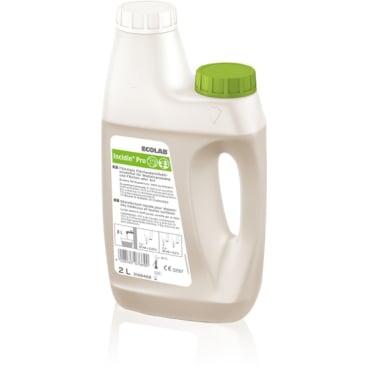 Une bouteille de 2 litres d'Ecolab Incidin Pro munie d'une poignée, d'un bouchon blanc et d'un bouchon vert situés de part et d'autre, ainsi que d'une étiquette blanche comportant les informations sur le produit et les symboles de sécurité.
