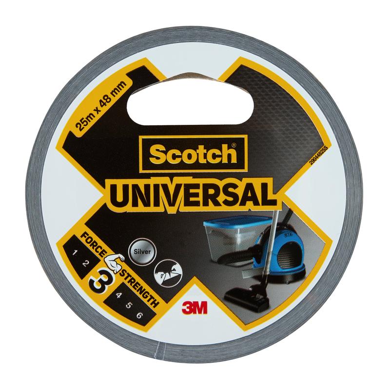 Un rouleau de ruban adhésif Scotch® Universal 2904, 25 m x 48 mm de 3M Deutschland GmbH, couleur argentée avec une résistance de 3/6. L'emballage montre les symboles d'un aspirateur et d'un ventilateur ainsi que les logos visibles de Scotch et 3M.