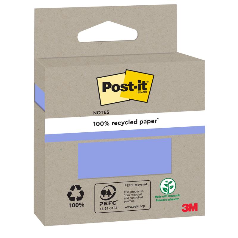 Een bruine kartonnen verpakking Post-it® Recycling Notes (76x76mm, 100 vellen, 100% PEFC) van 3M Deutschland GmbH is voorzien van eco-certificaten en een blauw gedeelte aan de voorkant dat de kleur van de notities aangeeft.