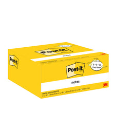 Abgebildet ist eine gelbe Schachtel Post-it® Notes der 3M Deutschland GmbH mit 12 Blöcken und 12 freien Blöcken, hergestellt aus 100% PEFC-zertifiziertem Papier (SGSCH-PEFC-COC-110078), mit verschiedenen Größen und Kartonverpackungen.