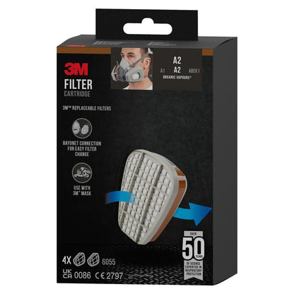 Een doos met de 3M™ Filterpatroon 6055, A2 Organische Damp van 3M Deutschland GmbH, met een afbeelding van de patroon, een persoon met masker en tekst over compatibiliteit, filtertype en de vier meegeleverde patronen.