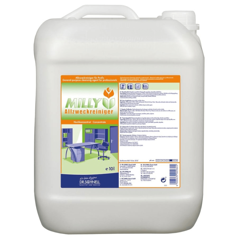 Un conteneur en plastique de 10 litres de DR.SCHNELL GmbH & Co. KGaA Dr. Schnell MILLY NETTOYANT UNIVERSEL Concentré dispose d'une étiquette colorée avec des informations sur le produit et des meubles de bureau, parfait pour le nettoyage domestique et un dégraissage puissant.