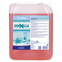 Ein 10-Liter-Behälter von Dr. Schnell HORNILLA der DR.SCHNELL GmbH & Co. KGaA, gefüllt mit roter Flüssigkeit. Das deutsche Etikett zeigt Produktangaben, Gebrauchsanweisungen und Sicherheitssymbole für kraftvolle Reinigung.