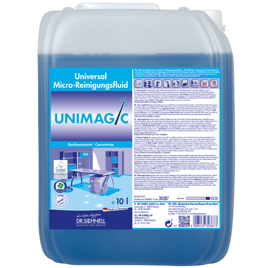 Un conteneur de 10 litres de Dr. Schnell UNIMAGIC de DR.SCHNELL GmbH & Co. KGaA dispose d'une poignée et d'une grande étiquette avec des informations sur le produit, des instructions d'utilisation, des logos de certification et un graphique de chariot de nettoyage.