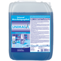Een container van 10 liter van Dr. Schnell UNIMAGIC van DR.SCHNELL GmbH & Co. KGaA is voorzien van een handgreep en een groot etiket met productinformatie, gebruiksaanwijzingen, certificeringslogo’s en een afbeelding van een schoonmaakwagen.