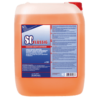 Een doorzichtige kunststof container van 10 liter met oranje vloeistof en een rood deksel. Op het etiket staat "Dr. Schnell "SC FLÜSSIG Graffitiverwijderaar" van DR.SCHNELL GmbH & Co. KGaA, met productinformatie in meerdere talen.