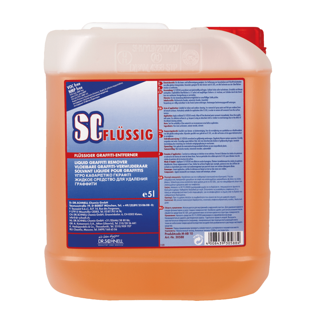 Ein 5-Liter-Kunststoffbehälter des Dr. Schnell SC FLÜSSIG Graffitientferners der DR.SCHNELL GmbH & Co. KGaA, gefüllt mit orangefarbener Flüssigkeit und beschriftet mit mehrsprachigen Produktangaben und Sicherheitshinweisen zur Graffitientfernung.