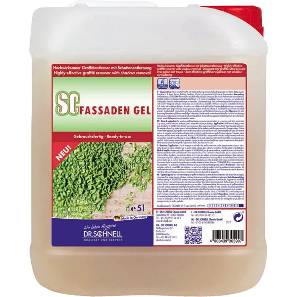 Ein 5-Liter-Pack Dr. Schnell SC FASSADEN GEL Anti-Graffiti-System der DR.SCHNELL GmbH & Co. KGaA, in einem durchsichtigen Behälter mit roten und lila Etiketten und zweisprachiger Produktinformation zur effektiven Graffitientfernung.