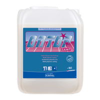 Een jerrycan van 10 liter Dr. Schnell ONTOP SAMT met matte coating voor de schoonmaak van gebouwen en vloeren in drukbezochte ruimtes, van DR.SCHNELL GmbH & Co. KGaA, met blauwe en roze opschriften en productinformatie op een lichte achtergrond.