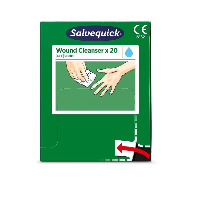 Een groene doos van Orkla Wound Care AB's Salvequick savett wondreiniger (0,9% naci, steriel), verpakking met 20 stuks. De voorkant toont een andere handreiniging met een doekje, een waterdruppelsymbool en het referentienummer 323700.