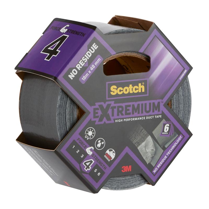 Un rouleau de ruban adhésif en tissu haute performance Scotch® Extremium™ No Residue (18,2 m x 48 mm) de 3M Deutschland GmbH dans un emballage au design gris-violet avec des indications telles que "no residue" et "force strength 4".