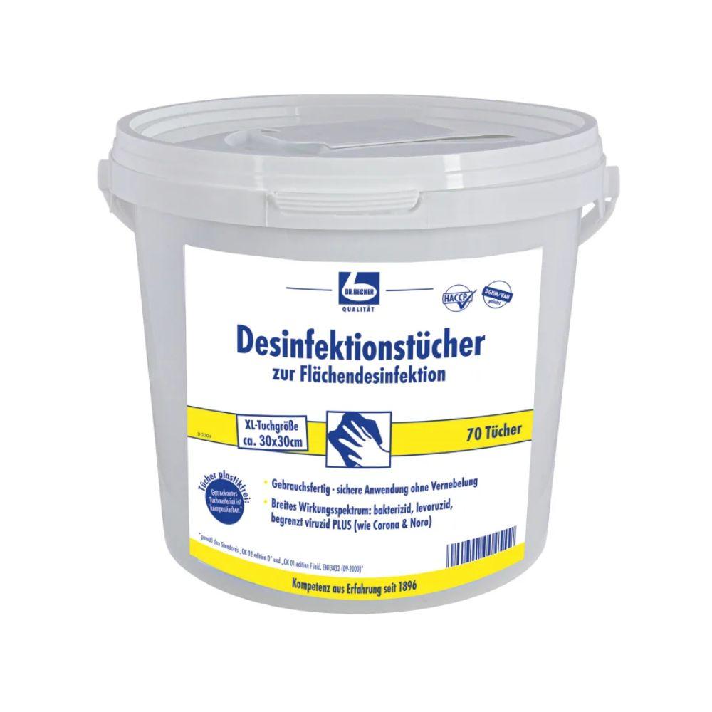 Les lingettes désinfectantes Dr. Becher pour la désinfection des surfaces de la Dr. Becher GmbH sont livrées dans un récipient blanc avec une étiquette bleu-jaune indiquant la désinfection sans résidus des surfaces. Le récipient contient 70 lingettes de 30 x 30 cm et dispose d'un couvercle pratique et d'une poignée de transport.