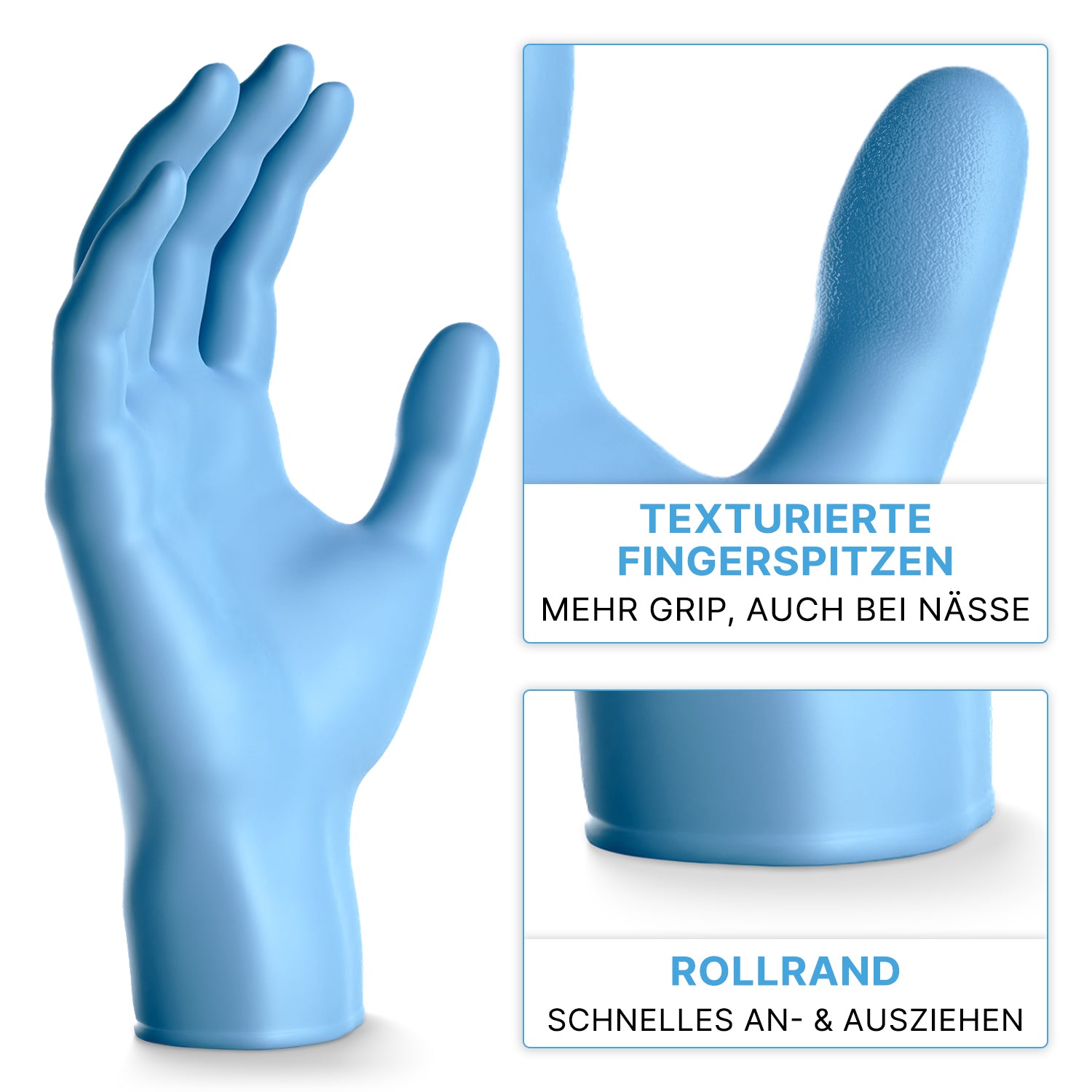 Der ARNOMED NITRIL BLUE XTRA STRONG Einmalhandschuh von ARNOWA GmbH wird gezeigt, mit Nahaufnahmen seiner texturierten Fingerspitzen für besseren Griff und einem Rollrand für leichtes An- und Ausziehen. Deutsche Texte erläutern die Features.