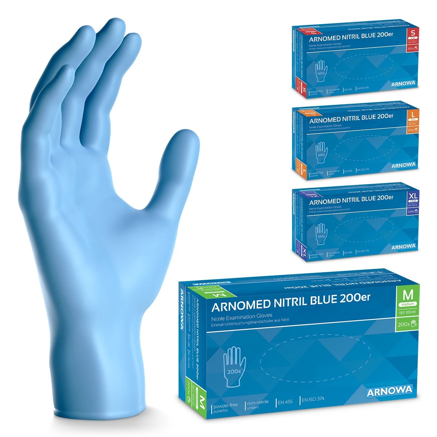 Un grand gant en nitrile bleu se tient debout à côté de quatre boîtes de gants en nitrile ARNOWA GmbH ARNOMED NITRIL BLUE 200, disponibles en tailles S, M, L et XL, chacun avec des étiquettes de taille codées par couleur.