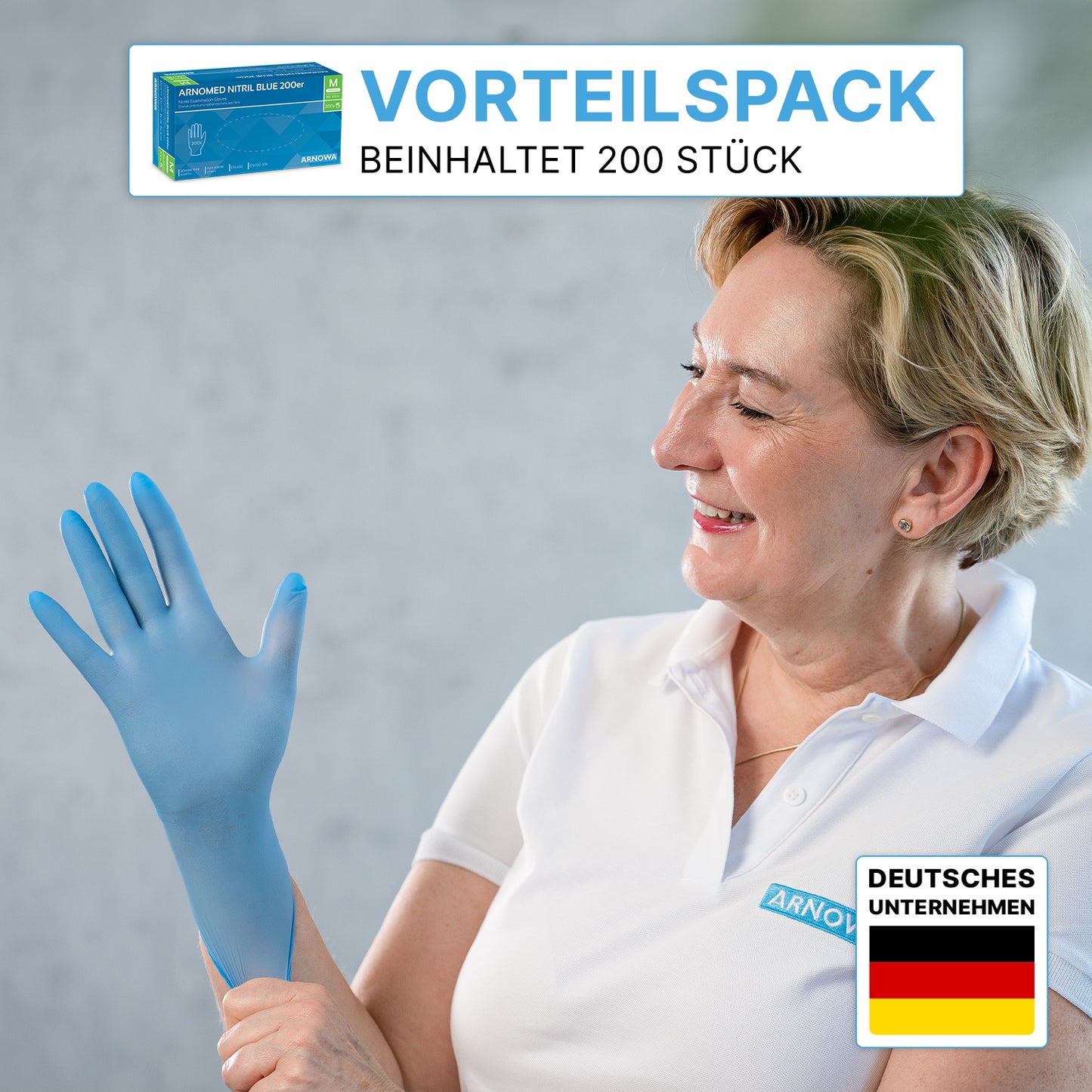 Une femme en polo blanc enfile un gant ARNOMED NITRIL BLUE. En haut à gauche : "Le pack de 200 comprend 200 pièces." En bas à droite : Drapeau allemand et "Entreprise allemande". Marque : ARNOWA GmbH.