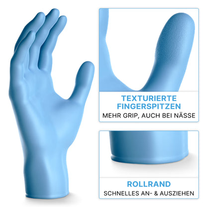 Un gant en nitrile bleu ARNOMED NITRIL BLUE 200 de ARNOWA GmbH est représenté debout, avec des inserts mettant en valeur les bouts des doigts texturés pour la prise et une manchette roulée. Le texte allemand décrit ces gants jetables en pack de 200.
