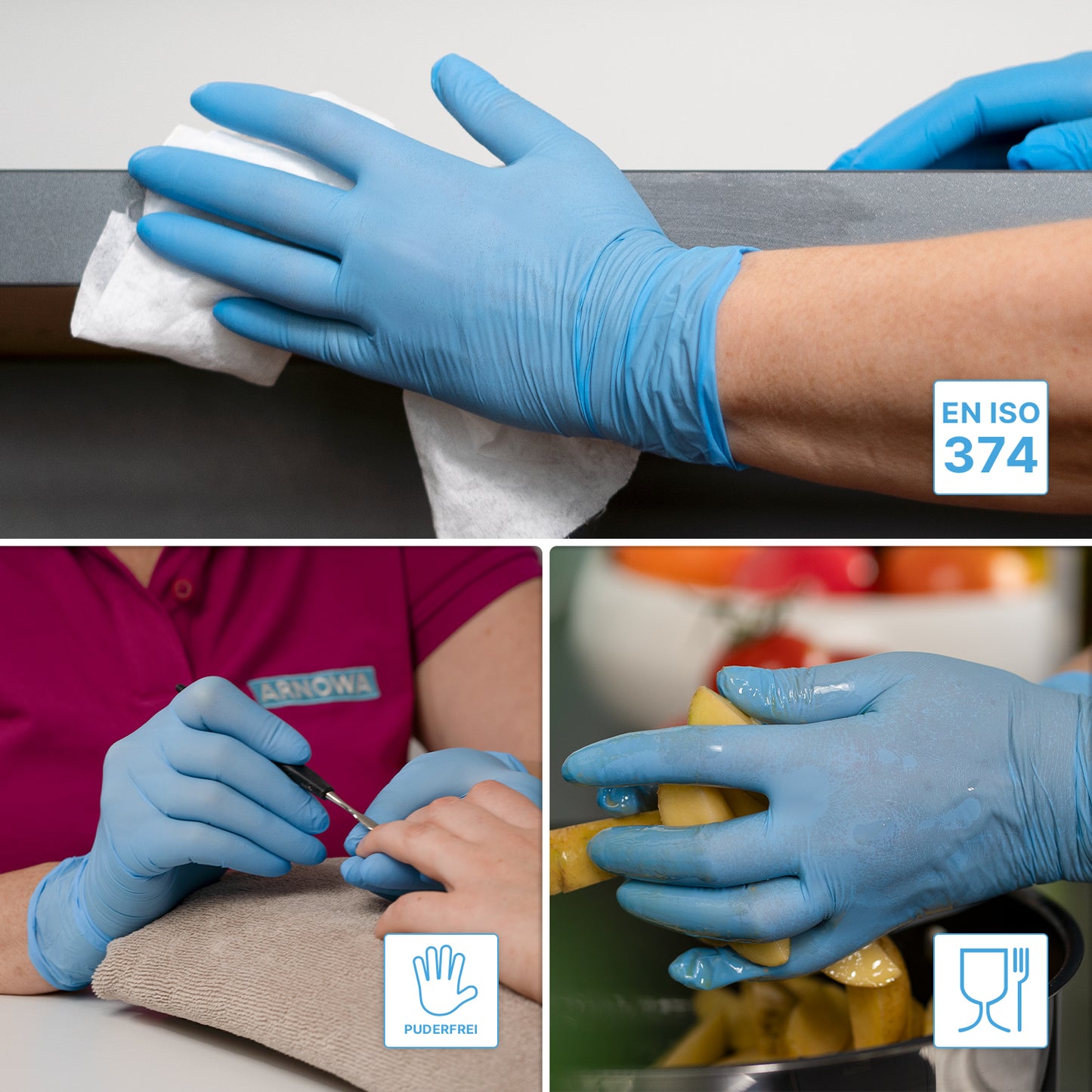 Un collage montre des gants en nitrile bleu ARNOMED NITRIL BLUE 200 de ARNOWA GmbH pour le nettoyage, le soin des ongles et la manipulation des aliments. Des icônes montrent la certification du pack de 200 selon EN ISO 374 et l'aptitude au contact alimentaire et à la prévention des allergies.