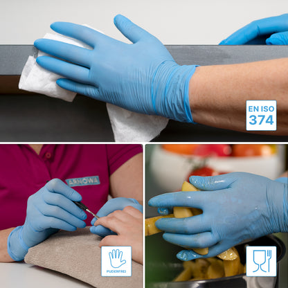 Un collage montre des gants en nitrile bleu ARNOMED NITRIL BLUE 200 de ARNOWA GmbH pour le nettoyage, le soin des ongles et la manipulation des aliments. Des icônes montrent la certification du pack de 200 selon EN ISO 374 et l'aptitude au contact alimentaire et à la prévention des allergies.