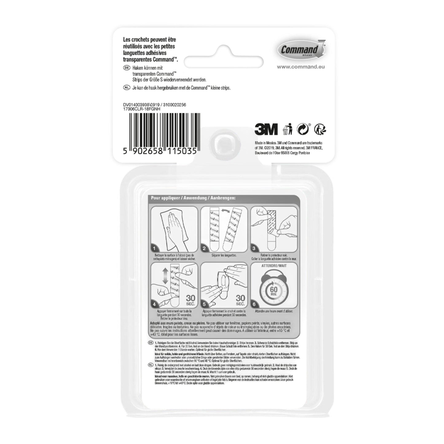 Auf der Rückseite des Command™ Mini-Hakens, transparent, mit transparenten Strips (17006CLRFGN) der 3M Deutschland GmbH befinden sich eine mehrsprachige Anleitung, ein Barcode, Markenlogos und illustrierte Schritte zum Anbringen und Entfernen der Strips.