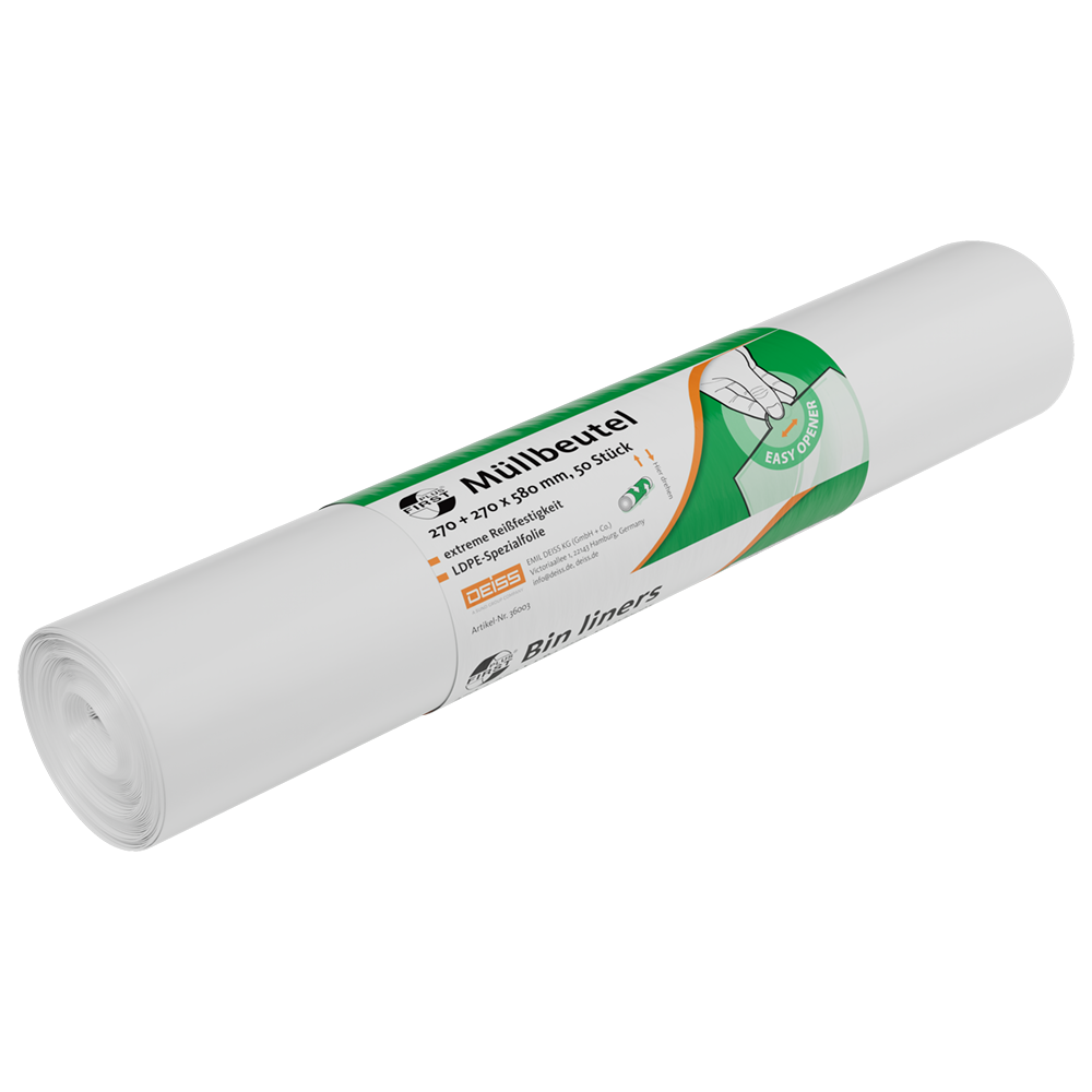 Eine weiße Rolle Müllbeutel der EMIL DEISS KG ist mit einem grün-weißen Etikett mit deutschen und englischen Angaben, der Größe 270+270x580 mm, der Abbildung einer Mülltonnenauskleidung und dem Produktnamen DEISS 36003 Rolle (50 Stück) zur Qualitätssicherung versehen.