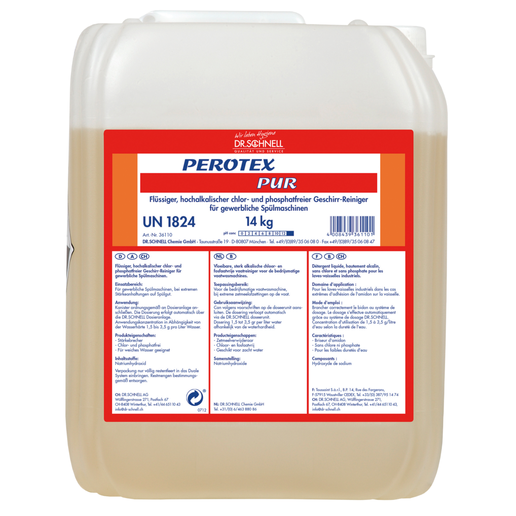 Ein 14 kg durchsichtiger Kunststoffbehälter von Dr. Schnell PEROTEX PUR Geschirrreiniger für gewerbliche Spülmaschinen von DR.SCHNELL GmbH & Co. KGaA, mit einem Etikett in deutscher Sprache, auf dem Produktdetails, Inhaltsstoffe, Anwendungshinweise und Sicherheitswarnungen aufgeführt sind.