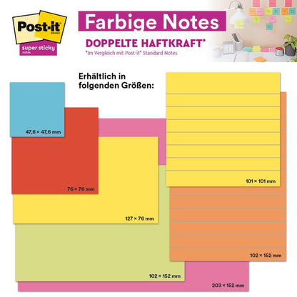 Een tabel toont zes maten van de kleurrijke 3M Post-it® Super Sticky Notes (76 mm x 76 mm, 90 vel/blok, 100% PEFC). Een foto van de werkruimte in de hoek toont de notities aan een muur. De tekst benadrukt de extra sterke lijm en de maatopties.