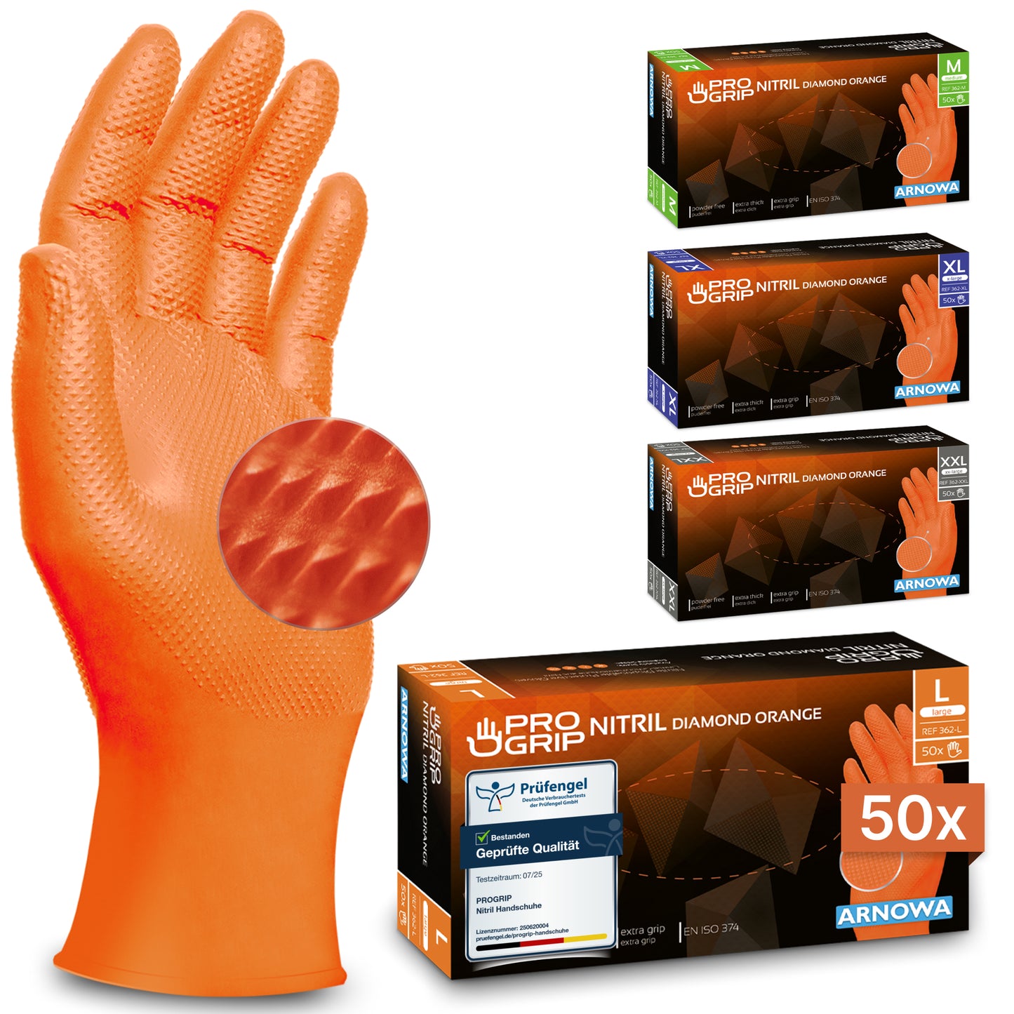 Ein aufrechter PROGRIP NITRIL DIAMOND ORANGE Einmalhandschuh von ARNOWA GmbH mit Diamantstruktur ist zu sehen. Daneben stehen vier Boxen für Größen M, L (50x), XL und XXL.