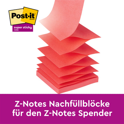 Een stapel Post-it® Super Sticky Z-Notes (76x76 mm, verschillende kleuren, 20+4 Gratis/Verpakking) van 3M Deutschland GmbH is waaiergewijs gerangschikt over een paars spandoek met "Z-Notes Navulblokken voor de Z-Note Dispenser".