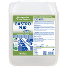 Ein 10-Liter-Gebinde des Dr. Schnell GASTRO PUR ECO Öl- und Fettlöser für Oberflächen der DR.SCHNELL GmbH & Co. KGaA zeigt auf dem Etikett Produktdetails, Zertifizierungen, Anwendungshinweise und Küchengrafiken in den Farben Grün, Blau und Weiß.