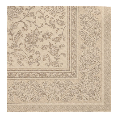 De PAPSTAR 50 servetten "ROYAL Collection" 1/4-vouw 40 x 40 cm in zand van PAPSTAR GmbH hebben een elegante paisley- en bloemenrand - ideaal voor hoogwaardige servetten.