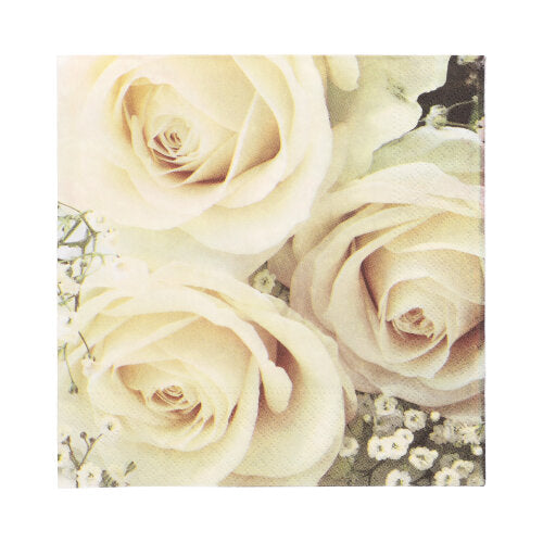 Een close-up van drie crèmekleurige rozen met gipskruid op een zachte achtergrond, die perfect passen bij de 20 servetten (33 cm x 33 cm, 3-laags, 1/4-vouw Design Set 2) van PAPSTAR GmbH voor elke gelegenheid.