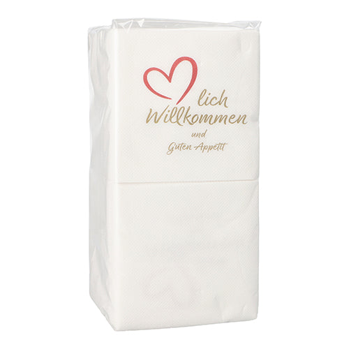 Een verpakking PAPSTAR 125 servetten, 2-laags "PUNTO", 1/4-vouw (20x20 cm, micro-geëmbosseerd) van PAPSTAR GmbH - versierd met een rood hart en de tekst "lich Willkommen und Guten Appetit", perfect voor speciale gelegenheden.