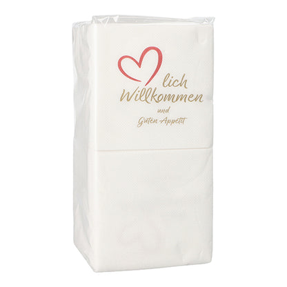 Een verpakking PAPSTAR 125 servetten, 2-laags "PUNTO", 1/4-vouw (20x20 cm, micro-geëmbosseerd) van PAPSTAR GmbH - versierd met een rood hart en de tekst "lich Willkommen und Guten Appetit", perfect voor speciale gelegenheden.