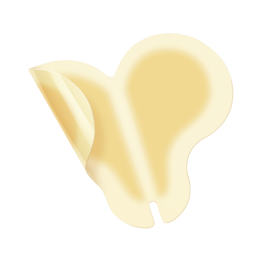 Op een witte achtergrond is een enkel Hartmann Hydrocoll Classic Sacral verband (12 x 18 cm, beige, vlindervorm) van de Paul Hartmann AG gedeeltelijk van de ondergrond getrokken voor vochtige wondbehandeling te zien. Verpakking bevat 5 stuks.