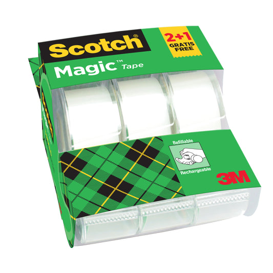 Eine grüne Tartan-Box der 3M Deutschland GmbH enthält zwei Rollen Scotch® Magic™ Unsichtbares Klebeband (19 mm x 7,5 m) sowie einen kostenlosen Abroller.