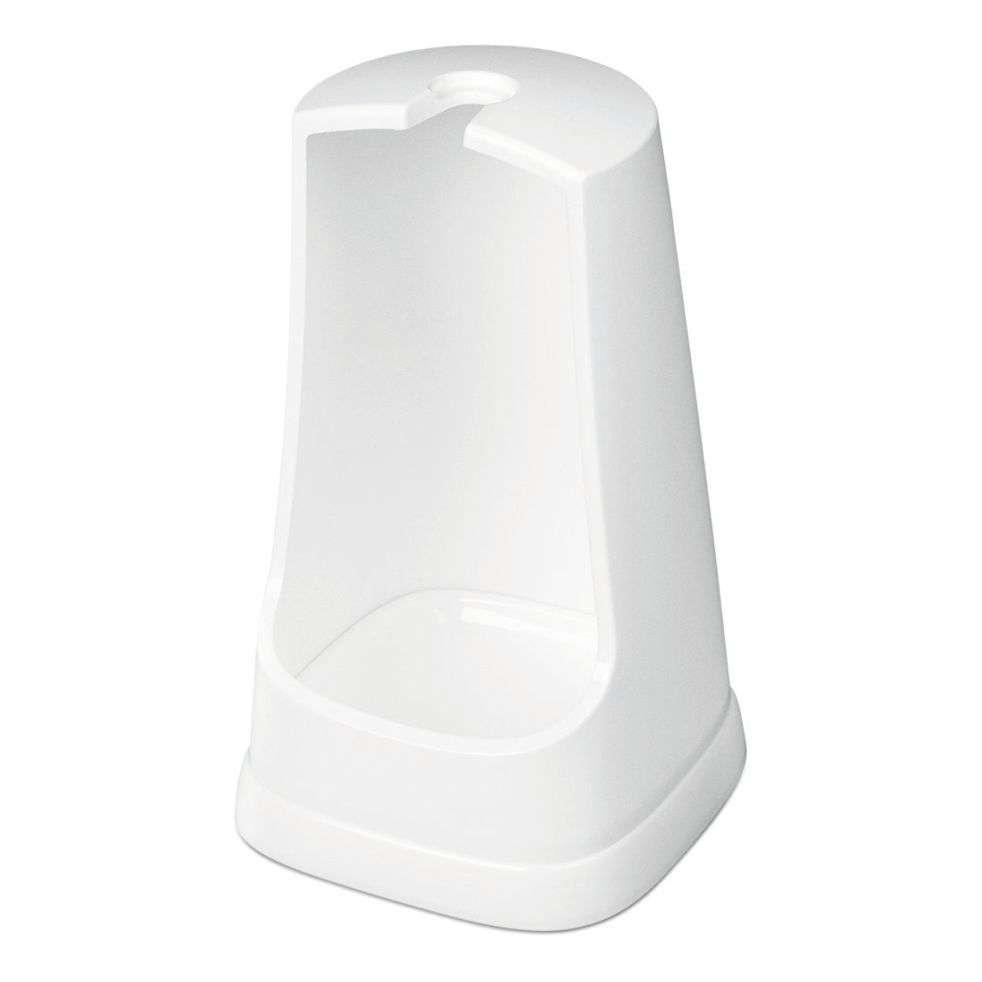 Een witte kunststofhouder met open voorkant en gat aan de bovenkant voor het opbergen van de Nölle Profi Brush WC-borstel Rondkop 38 cm (PPN-borstelharen), van Nölle Profi Brush Borstels- & Pinseltechnik e.K., of soortgelijke accessoires.