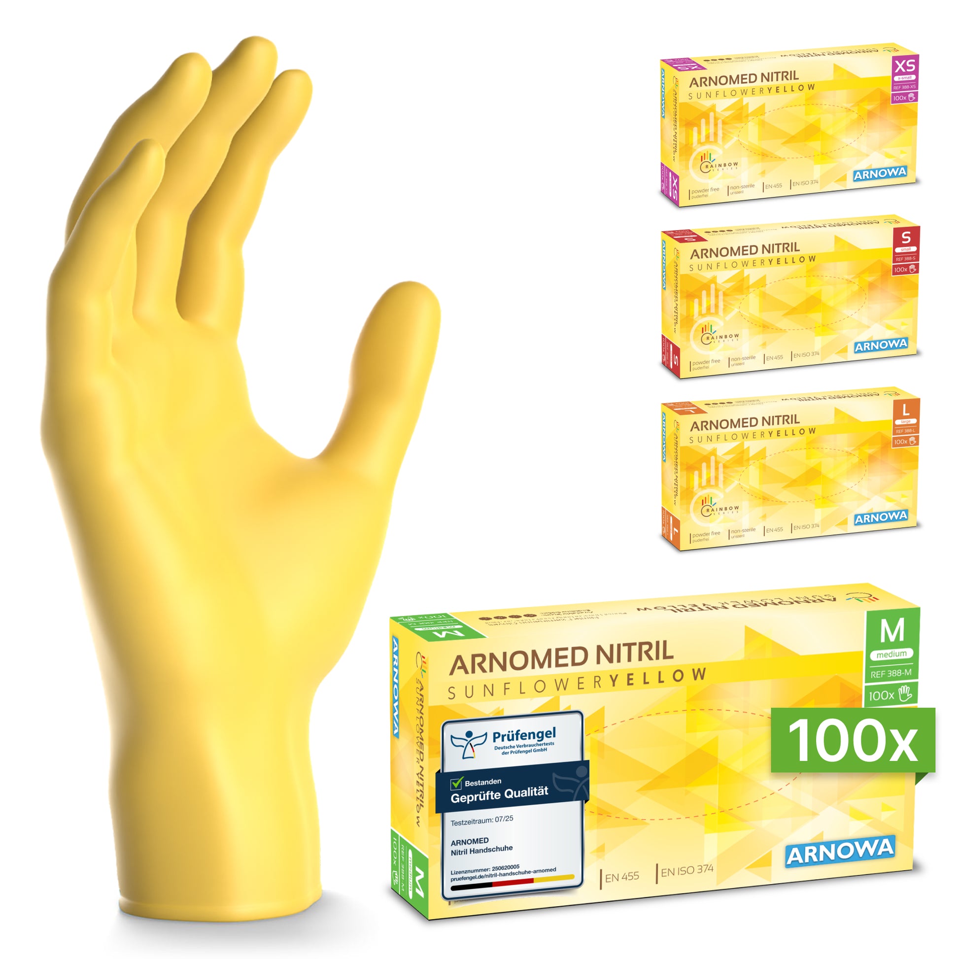 Ein gelber ARNOMED NITRIL SUNFLOWER YELLOW Einmalhandschuh der ARNOWA GmbH steht links aufrecht, rechts stehen latexfreie Boxen in XS, S, M und L. Jede Schachtel enthält 100 gelbe Nitril-Handschuhe.