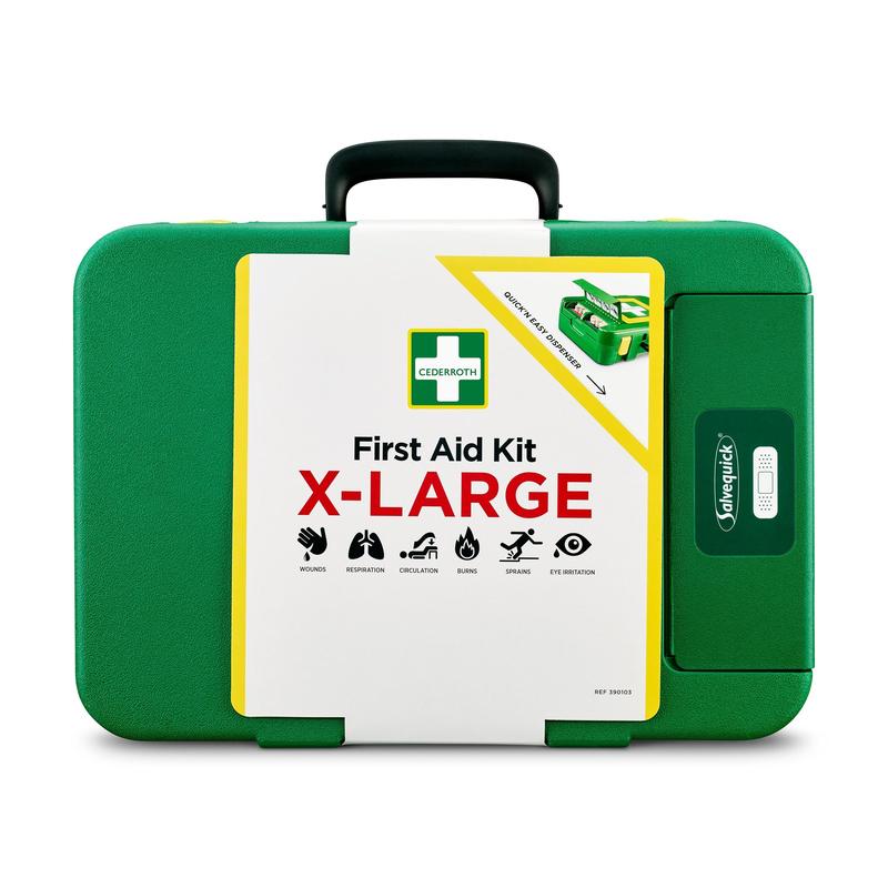 Une trousse de premiers secours à coque rigide verte X-LARGE d'Orkla Wound Care AB, avec des symboles pour les blessures, la respiration, la circulation, les brûlures, les entorses et la protection des yeux - idéale pour diverses urgences. Emballage (1 pièce).