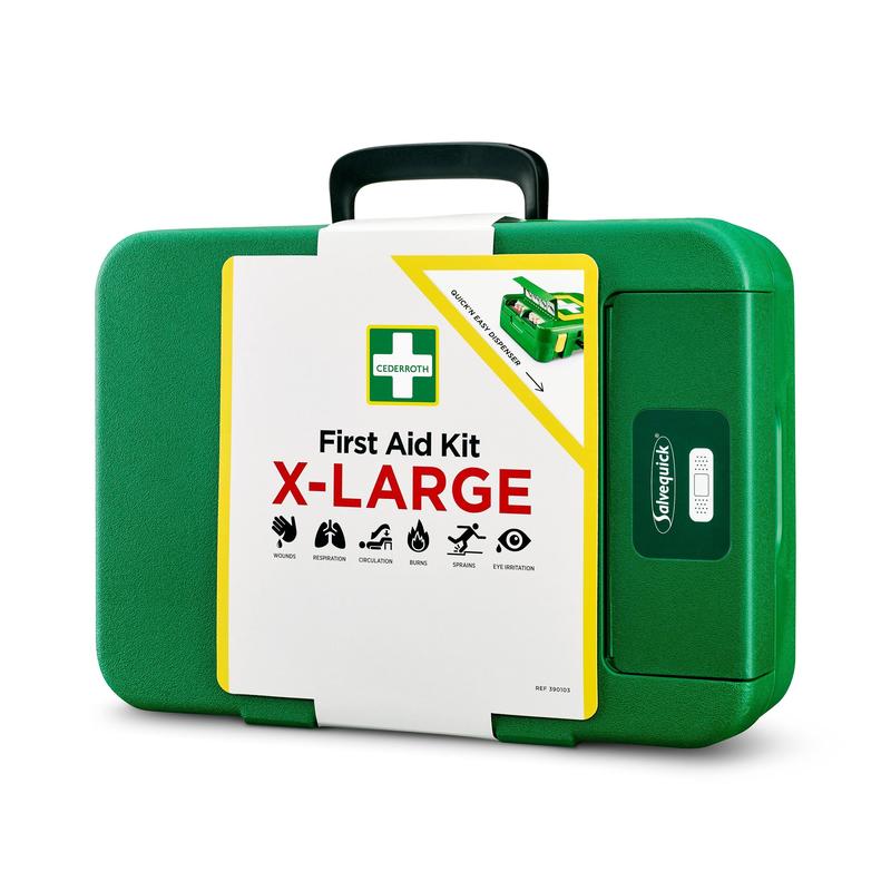 Une grande trousse de premiers secours en plastique vert d'Orkla Wound Care AB X-LARGE | Emballage (1 pièce) avec une poignée noire, étiquetée "First Aid Kit X-Large" et des symboles pour la respiration, la réanimation, la circulation, les entorses et les infections oculaires - idéale pour les urgences.