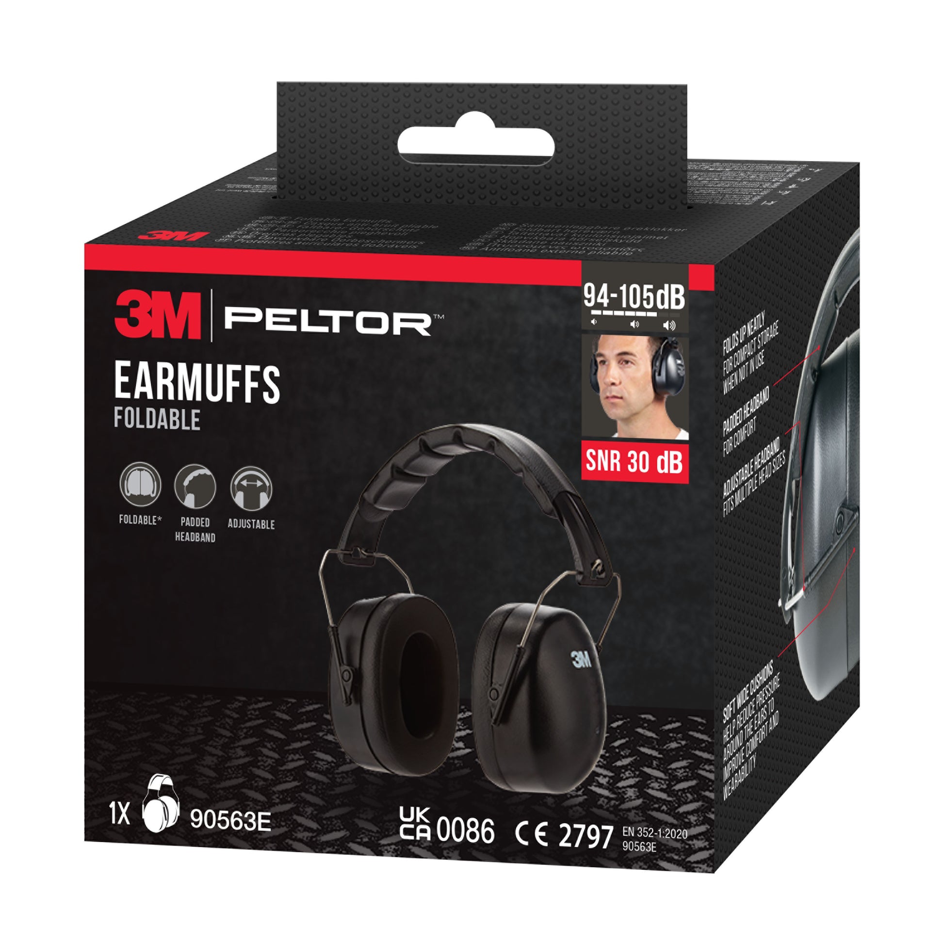 Eine Packung 3M™ Kapselgehörschützer mit faltbarem Kopfbügel 90563E (SNR 30 dB, Schwarz) von 3M Deutschland GmbH ist abgebildet; die Packung zeigt Produktmerkmale, Tragefoto und Zertifizierungssymbole.