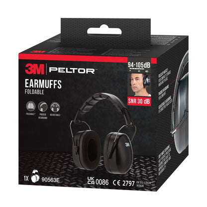 Die Verpackung des 3M™ Kapselgehörschützers mit faltbarem Kopfbügel 90563E, SNR 30 dB, zeigt das schwarze Modell, Produktinfos sowie ein kleines Foto einer Person mit getragenem Gehörschutz. Hersteller: 3M Deutschland GmbH.