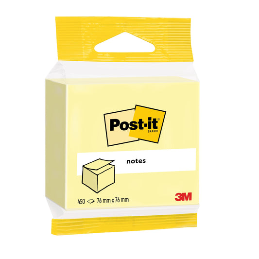 Eine Packung Post-it® Notes Würfel von 3M Deutschland GmbH enthält 1 gelben Block mit 450 Blättern, jeweils 76 mm x 76 mm, aus 100% PEFC-zertifiziertem Papier (SGSCH-PEFC-COC-110078).