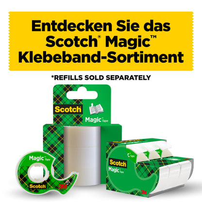 Das 3M Deutschland GmbH Scotch® Magic™ Unsichtbares Klebeband (19 mm x 25 mm) wird im Handabroller präsentiert. Ein gelbes Banner darüber verkündet: "Entdecken Sie das Scotch Magic Klebeband-Sortiment. *Nachfüllungen separat erhältlich.