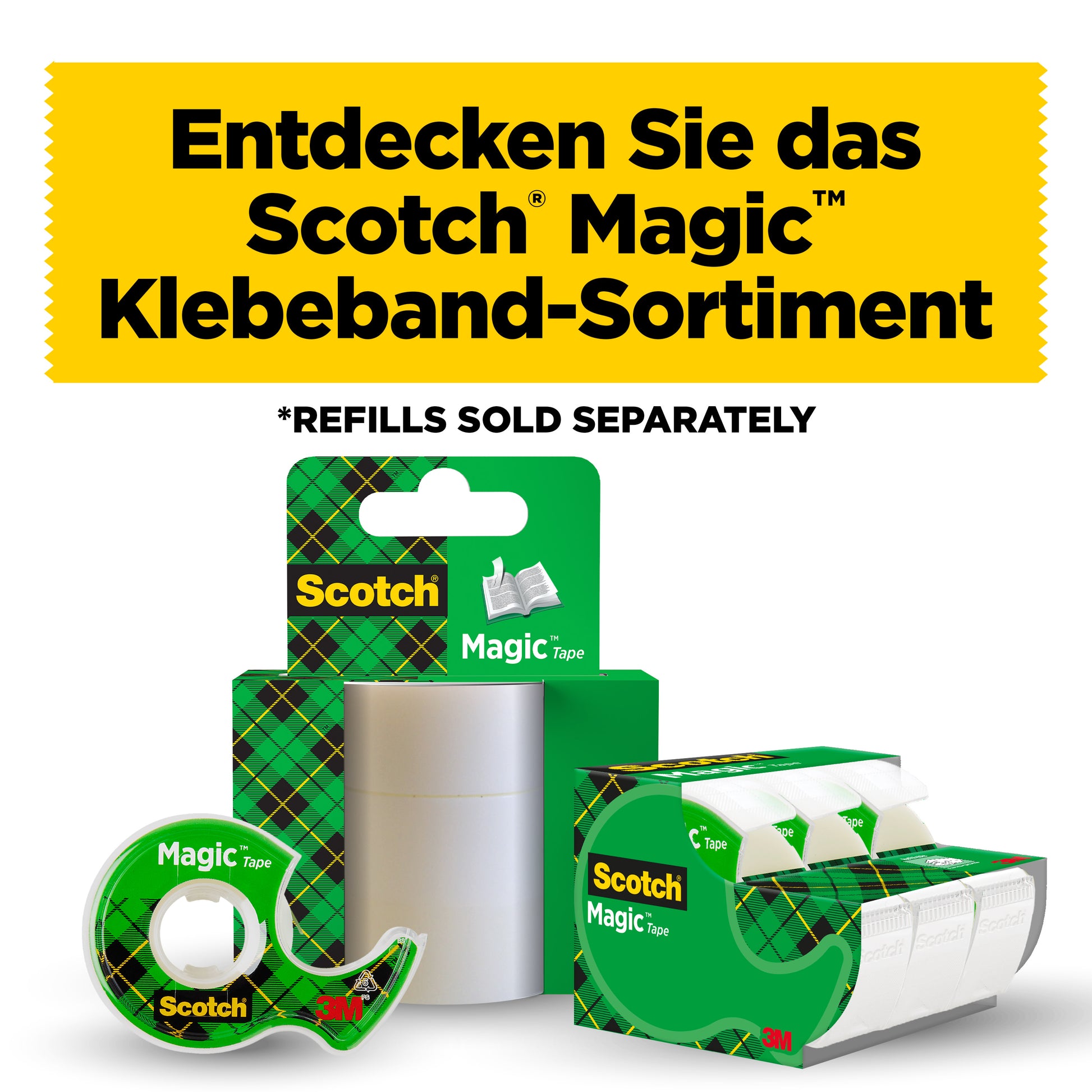 Ein Display mit 3M Scotch® Magic™ Unsichtbares Klebeband (19 mm x 25 m) mit Handabroller und 5 m Extra, auf weißem Hintergrund mit gelbem Banner: "Entdecken Sie das Scotch Magic Klebeband-Sortiment".