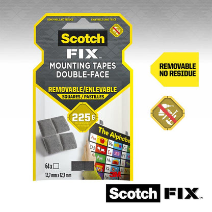 Scotch-FIX™ Carrés de montage amovibles 108-ST64-P de 3M Deutschland GmbH : 64 pièces (12,7 mm x 12,7 mm), supportent jusqu'à 225 g, fixation temporaire idéale et retrait sans résidus.