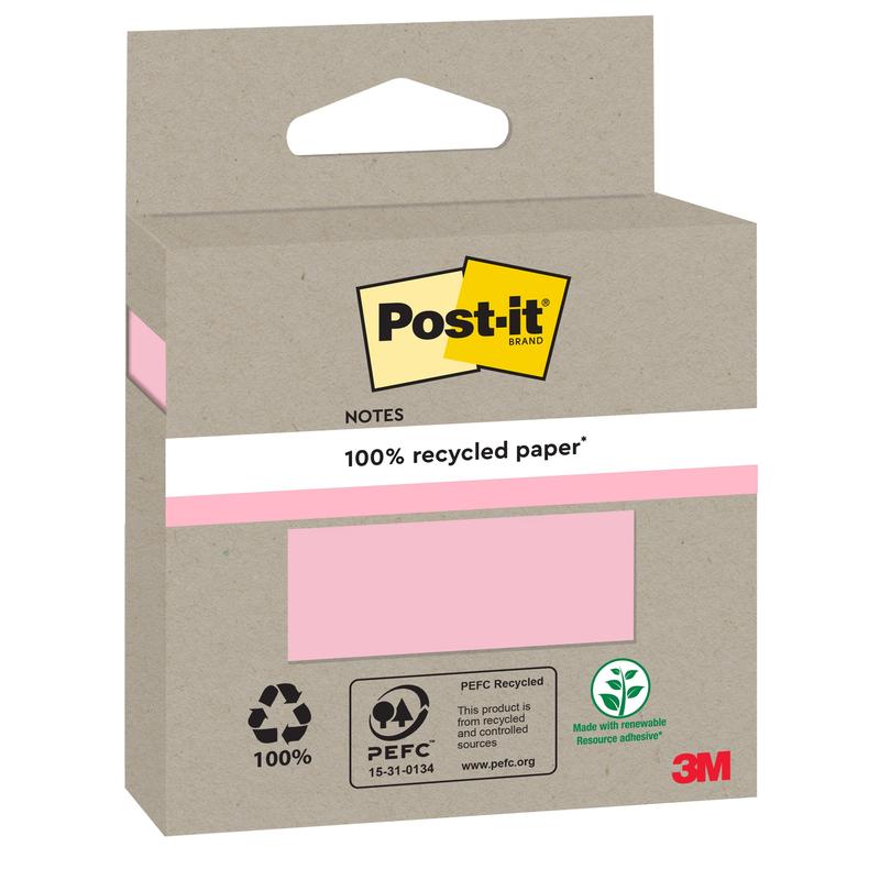 Een kartonnen verpakking Post-it® Recycling Notes (76x76mm, 100 vel, 100% PEFC) van 3M Deutschland GmbH kenmerkt zich door milieuvriendelijke etiketten en een zichtbare roze notitiekleur; het 3M-logo bevindt zich rechtsonder.