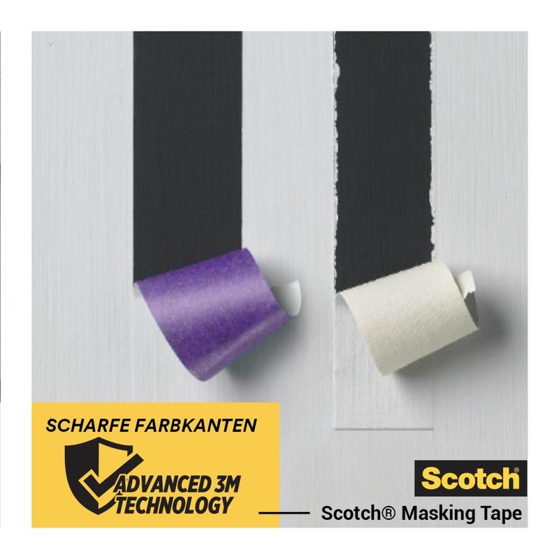 Twee stroken tape - paars en wit - worden van een geschilderd oppervlak verwijderd, waarbij scherpe verfranden tevoorschijn komen. De scène toont Scotch® schilderstape voor gevoelige oppervlakken van 3M Deutschland GmbH, met een etiket waarop staat: "Scherpe verfranden, geavanceerde 3M technologie.