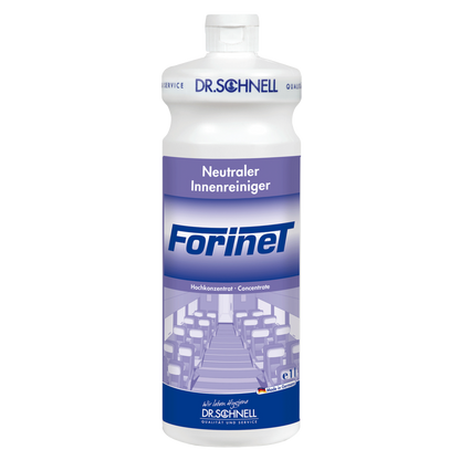 Eine weiße Flasche Dr. Schnell FORINET Fahrzeuginnenreiniger der DR.SCHNELL GmbH & Co. KGaA, mit blau-weißem Etikett, das einen Innenraum zeigt, ideal für die Reinigung von Autoinnenräumen und die Entfernung von hartnäckigem Schmutz.