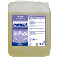 Ein 10-Liter-Kunststoffbehälter des Dr. Schnell FORINET Fahrzeuginnenreinigers der DR.SCHNELL GmbH & Co. KGaA, mit weißem Deckel und großem Etikett mit Anwendungshinweisen, Symbolen und Bildern für die effektive Innenreinigung von Fahrzeugen.